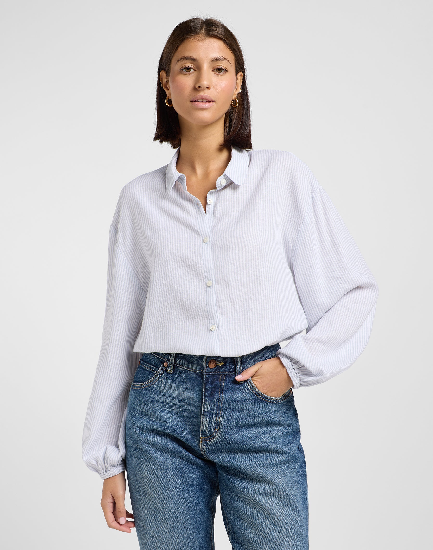 Blouse With Tie Front in Concrete Pinstripe Shirts Lee