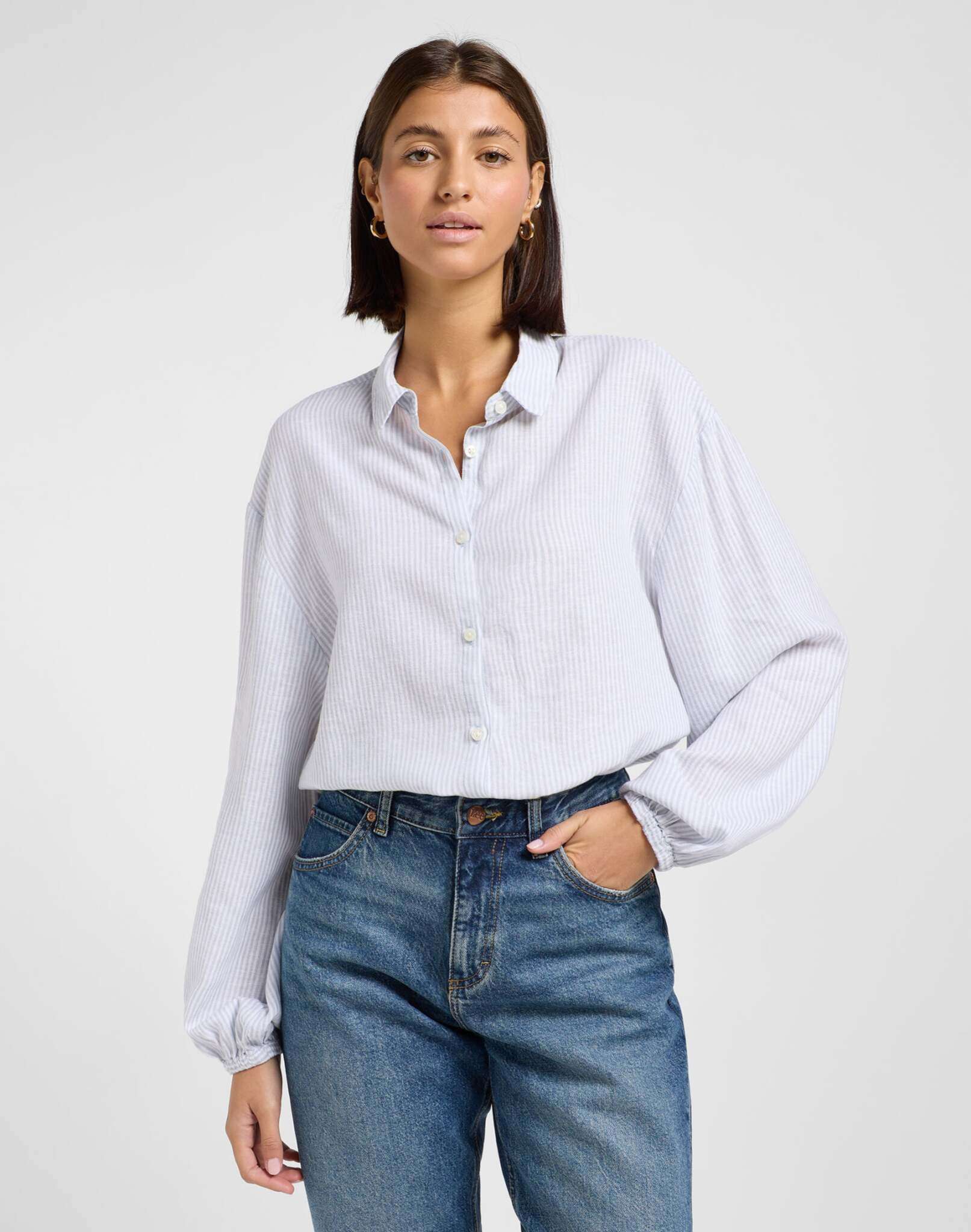 Blouse With Tie Front in Concrete Pinstripe Shirts Lee
