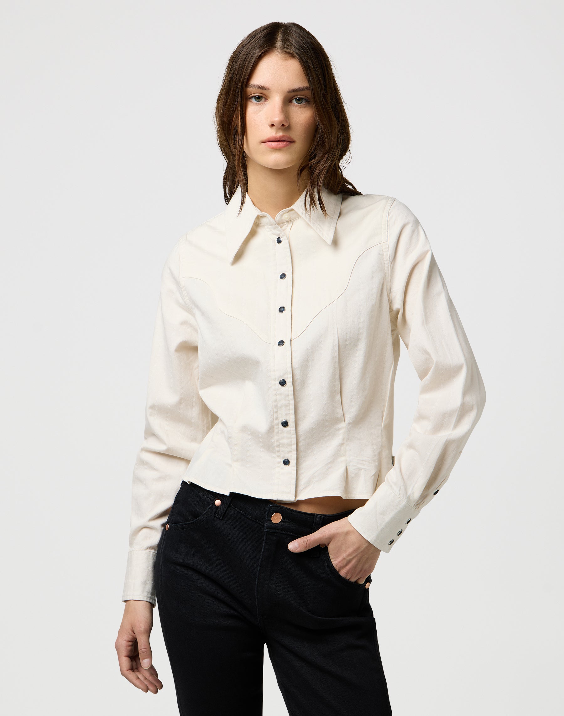 Femme Peplum Shirt in Pinstar White Shirts Wrangler