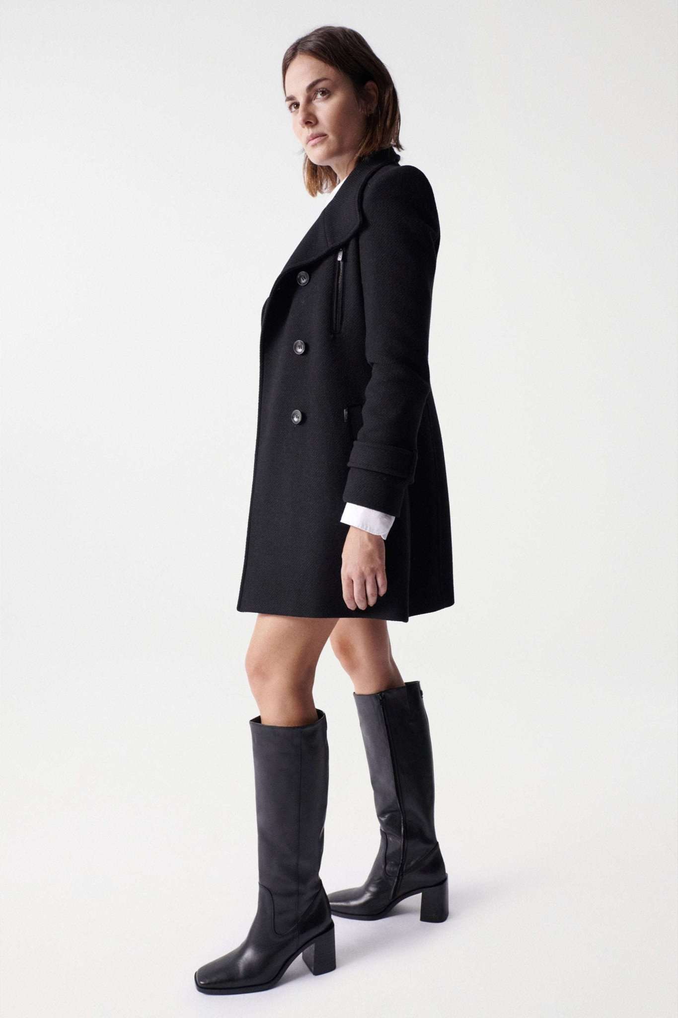 Grace Long Woolen Coat in Black Jackets Salsa Jeans   