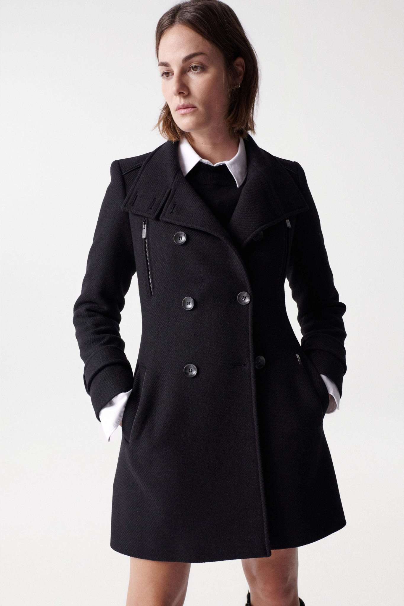 Grace Long Woolen Coat in Black Jackets Salsa Jeans   