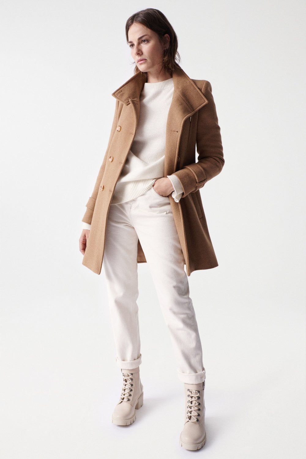 Grace Long Woolen Coat in Medium Beige Jackets Salsa Jeans   