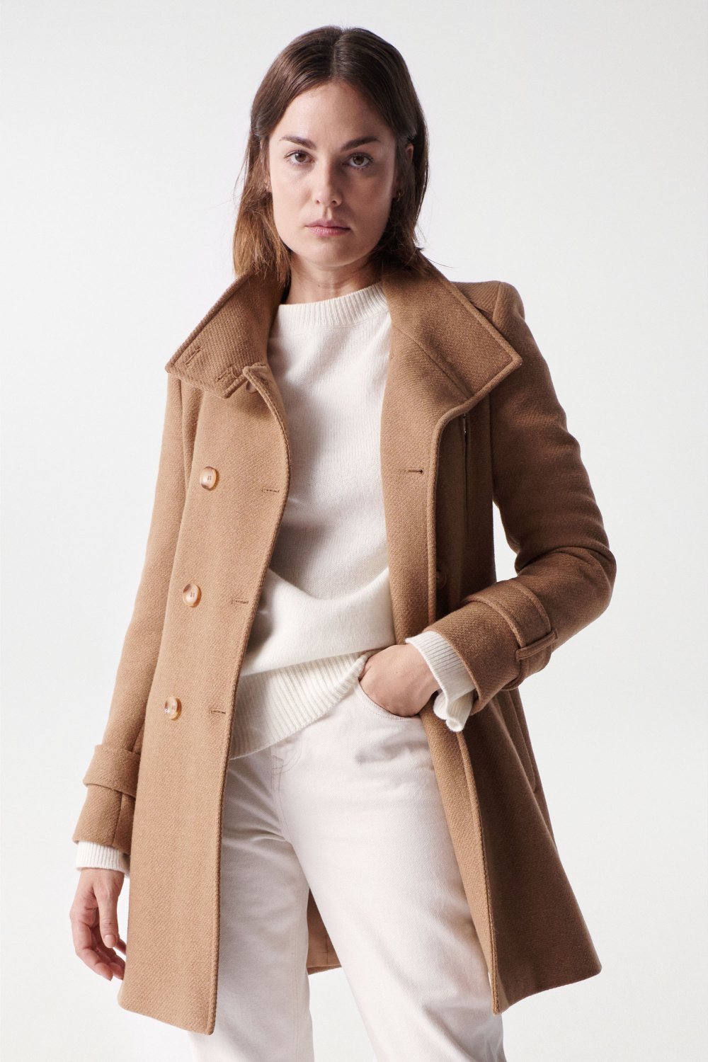 Grace Long Woolen Coat in Medium Beige Jackets Salsa Jeans   