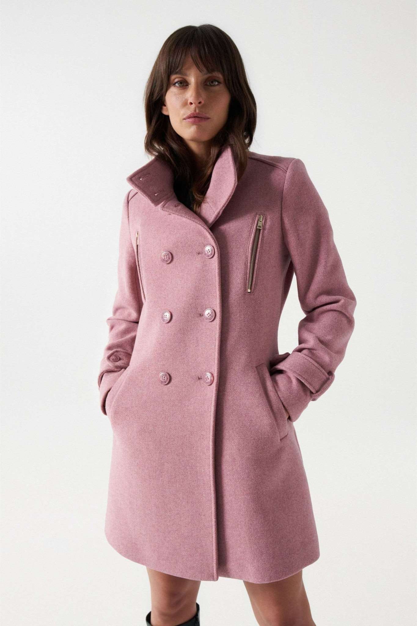 Grace Long Woolen Coat in Medium Pink Jackets Salsa Jeans   