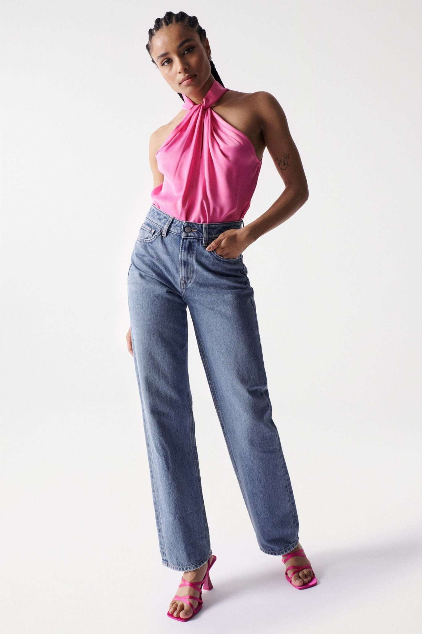 Satin halterneck top in medium pink Tops Salsa Jeans   