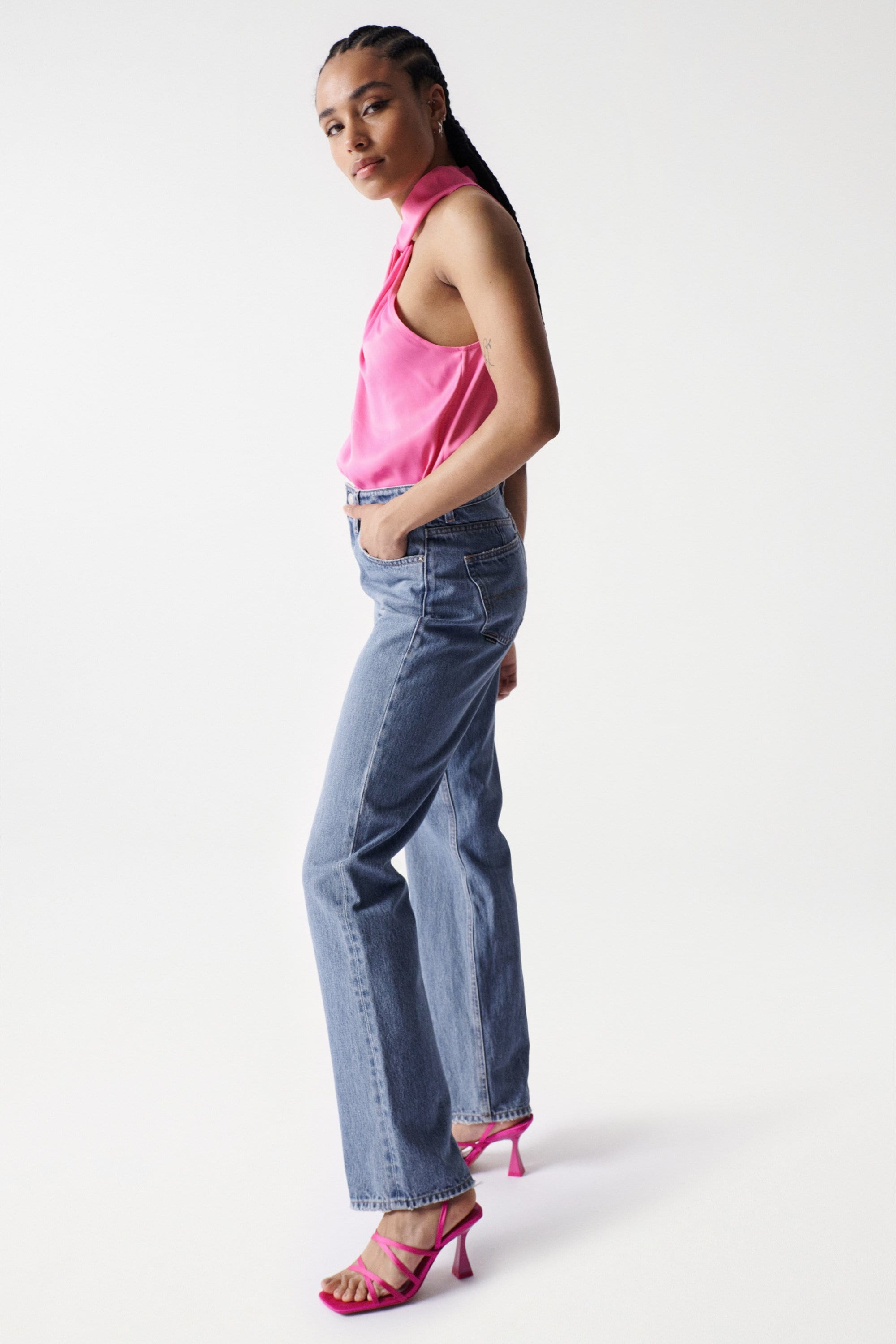 Satin halterneck top in medium pink Tops Salsa Jeans   