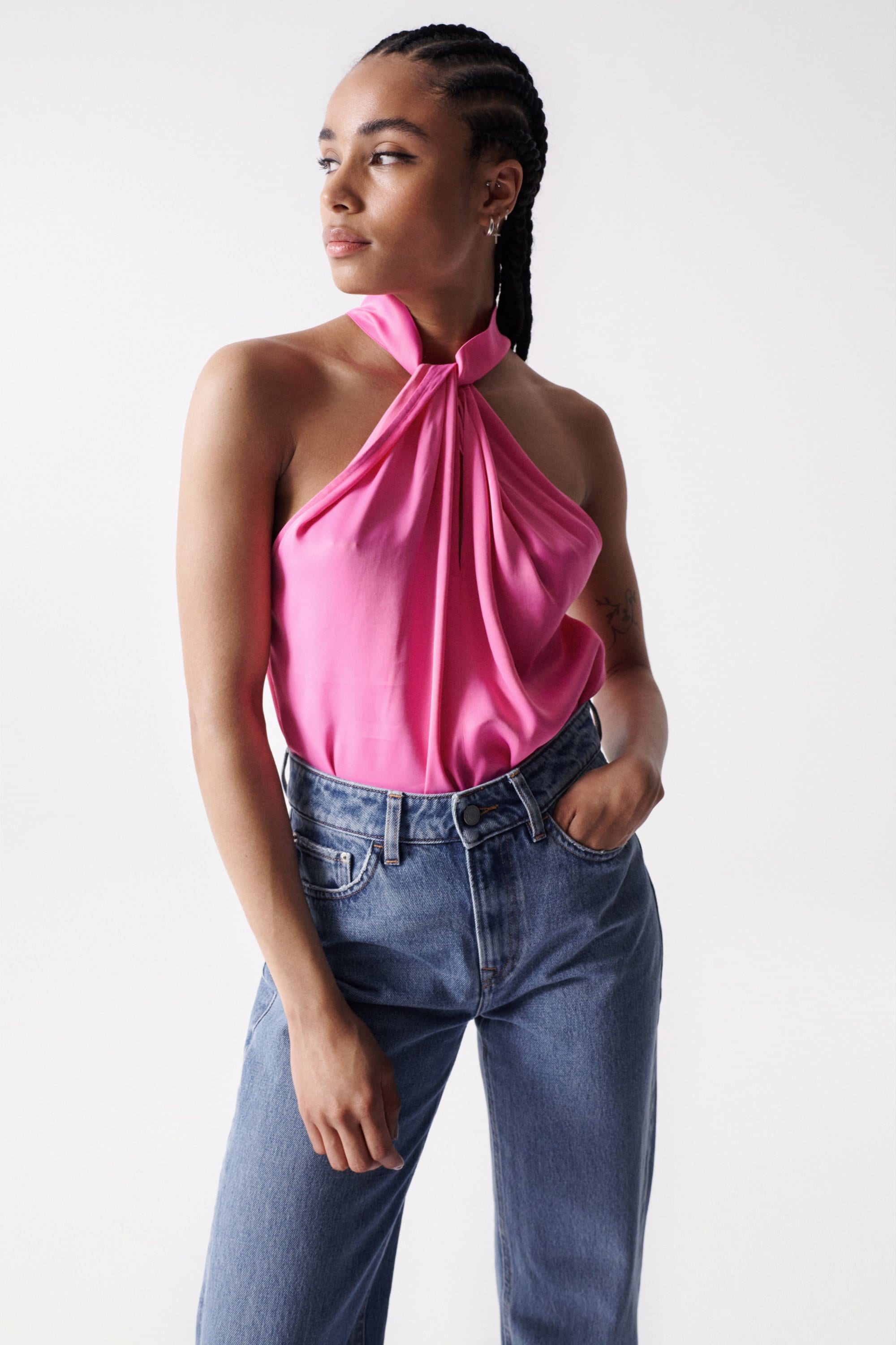 Satin halterneck top in medium pink Tops Salsa Jeans   