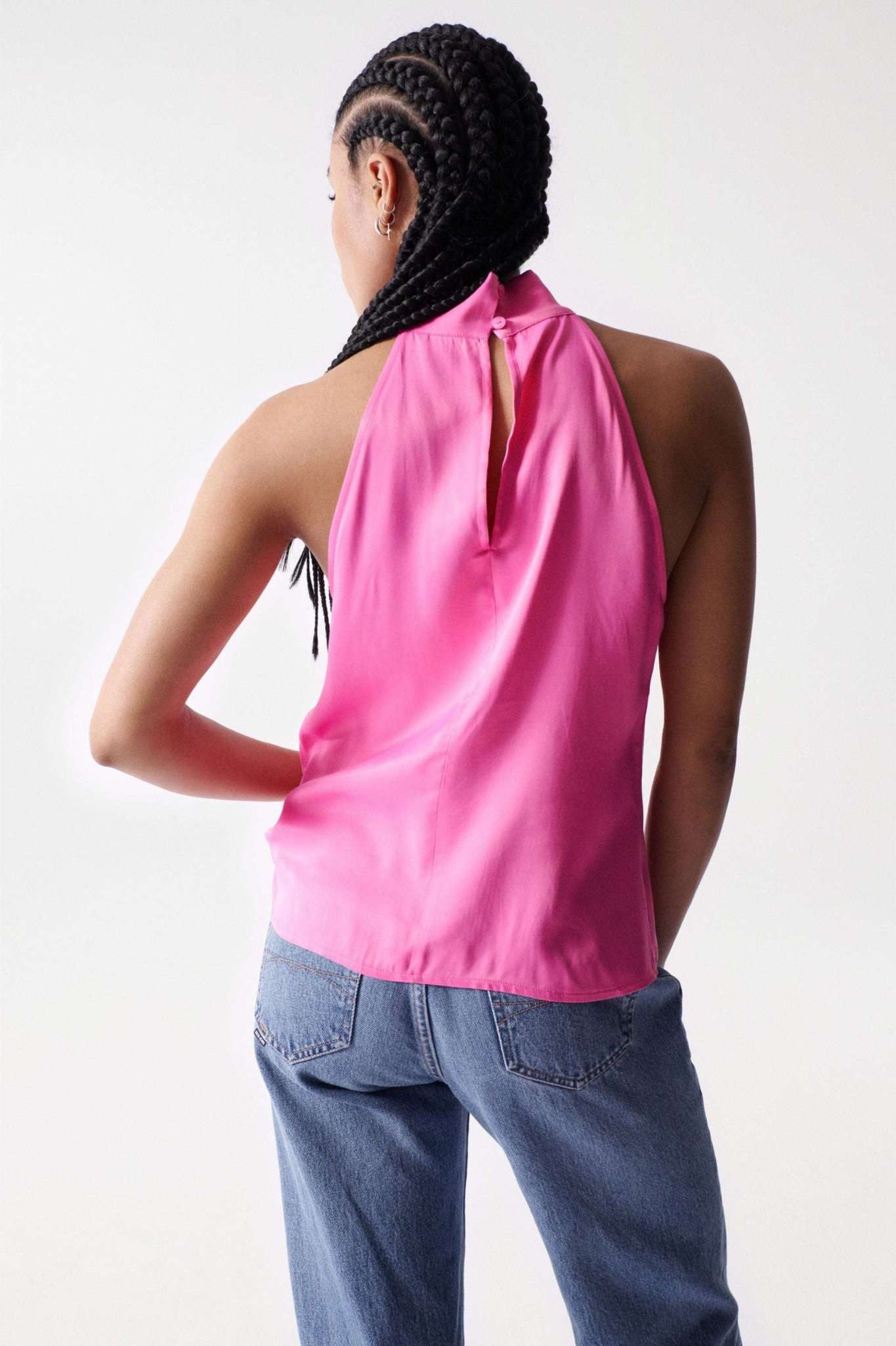 Satin halterneck top in medium pink Tops Salsa Jeans   