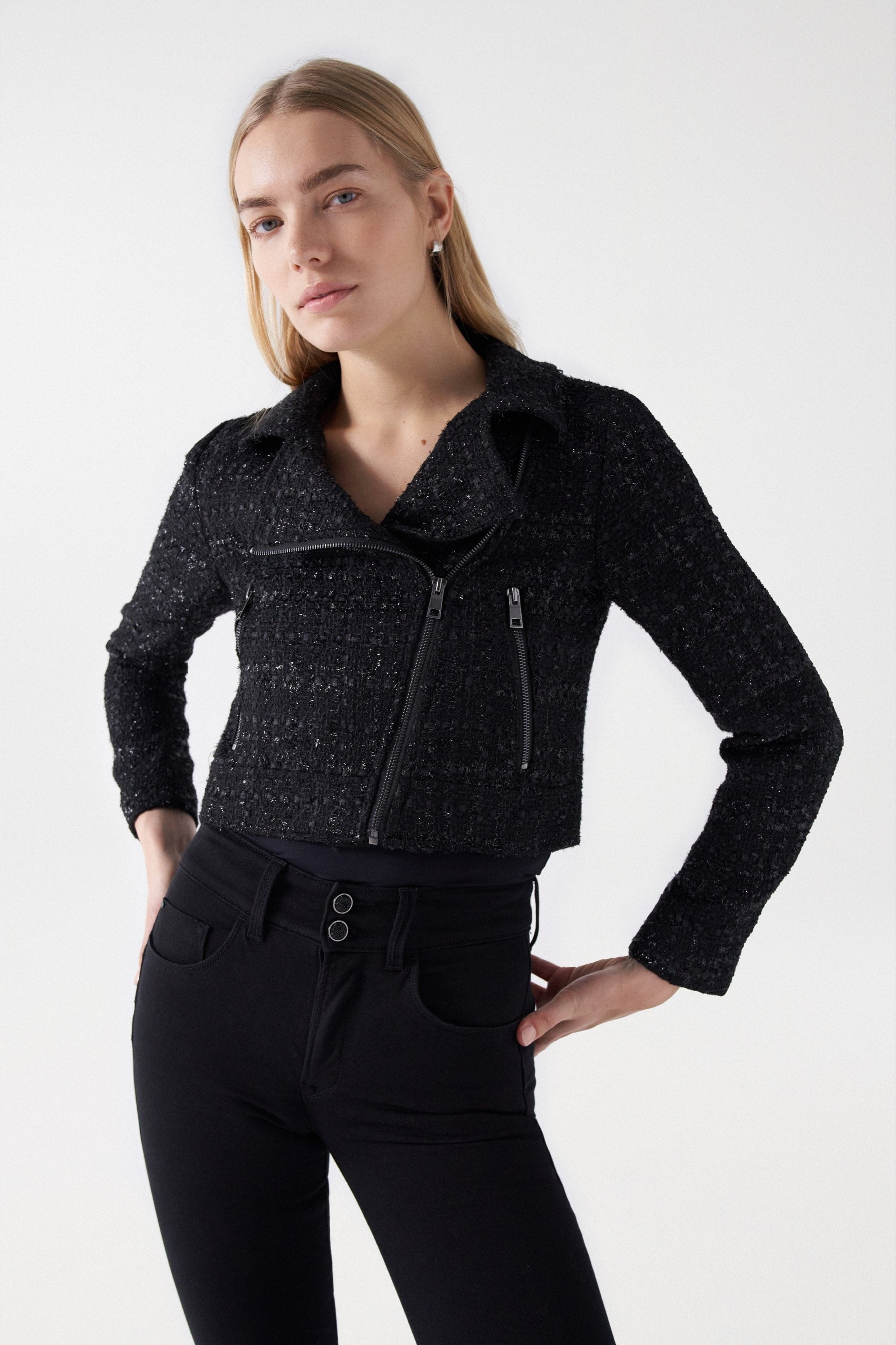 Tweed Biker Style Jacket in Black Jackets Salsa Jeans   