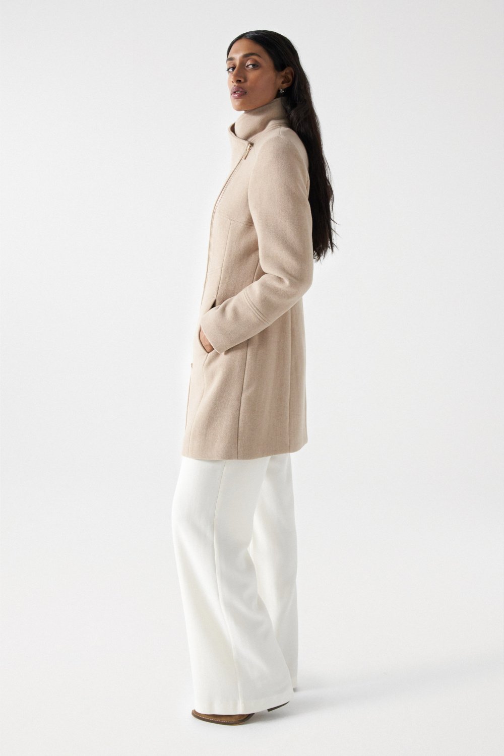 Wool Coat With Fur Collar in Medium Beige V1 Jackets Salsa Jeans   