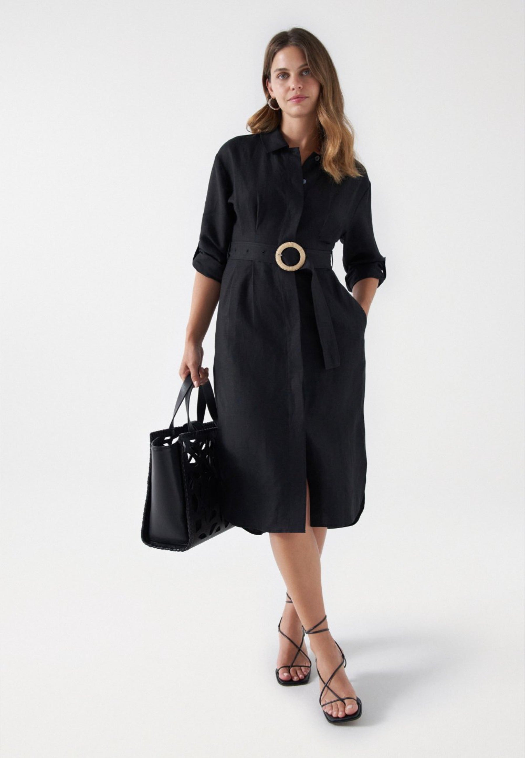 Linen Shirt Dress in Black Dresses Salsa Jeans   