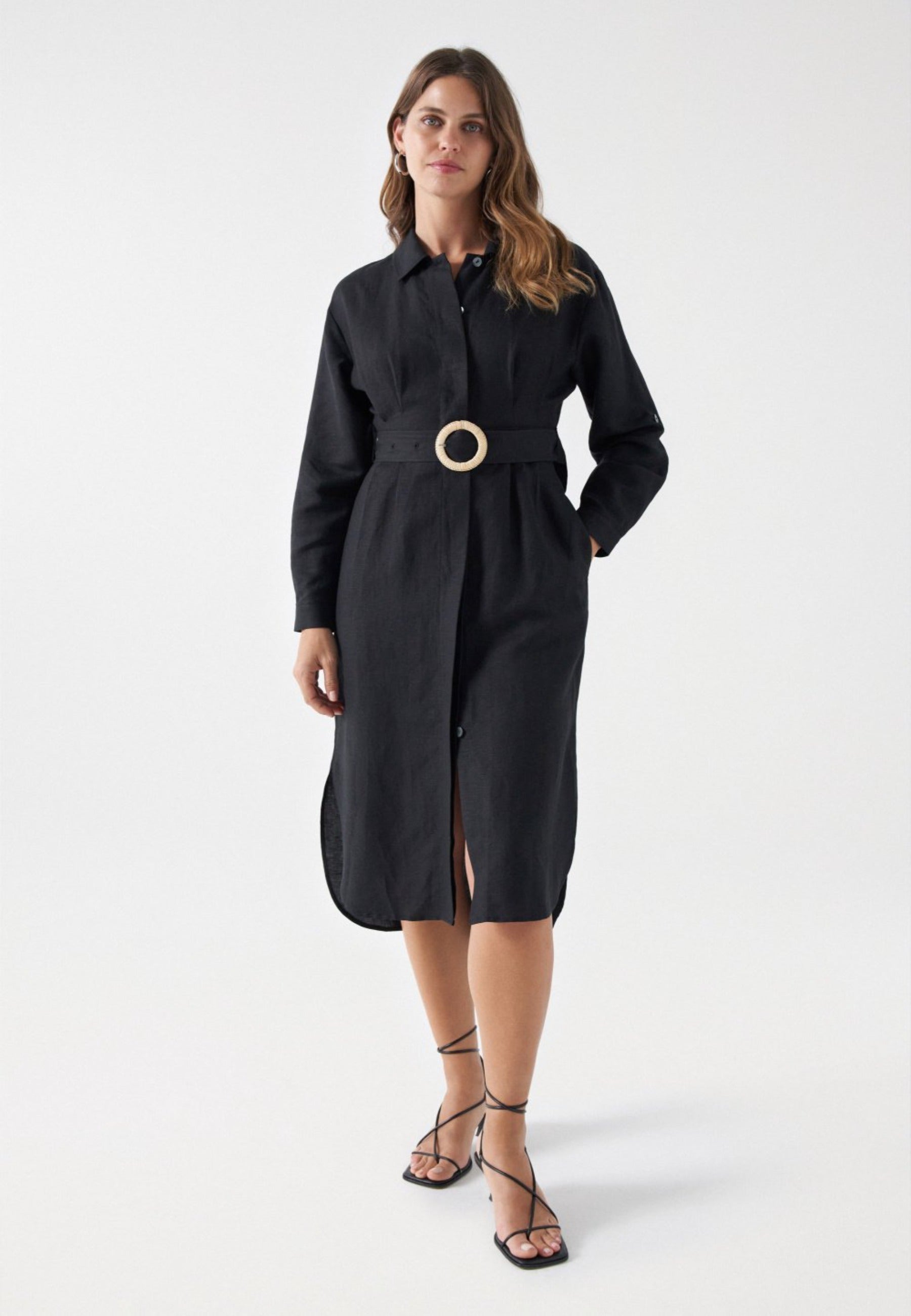 Linen Shirt Dress in Black Dresses Salsa Jeans   