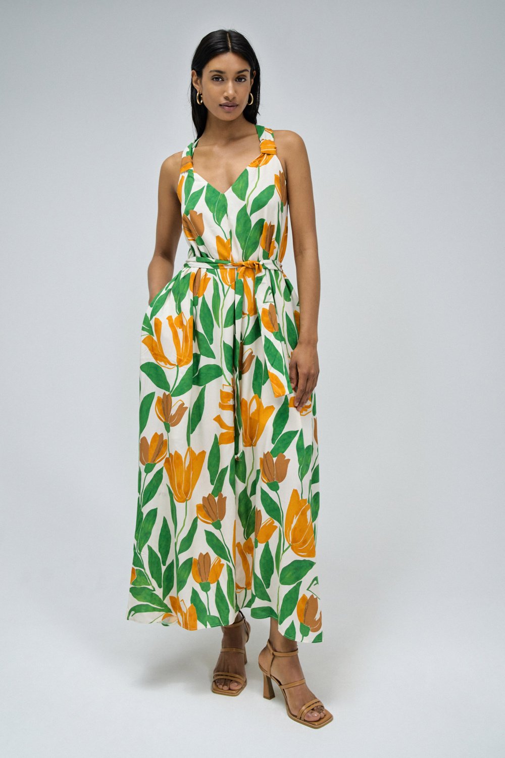 Floral Print A-Line Dress in Medium Green Dresses Salsa Jeans   