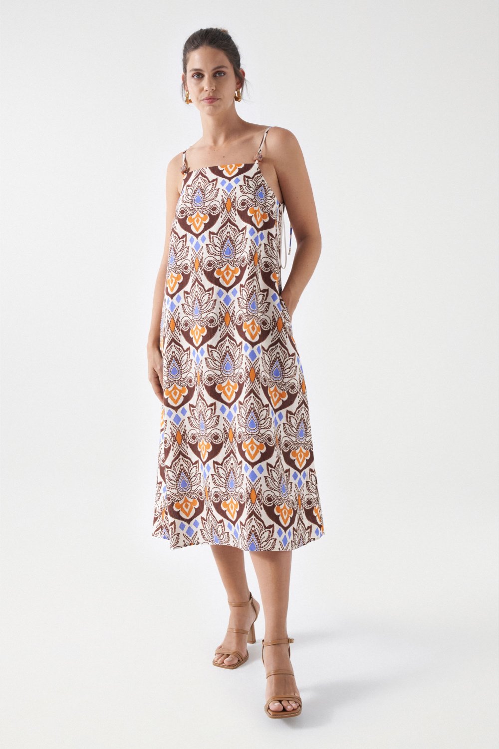 Printed Linen Midi Dress in Light Pearl Dresses Salsa Jeans   