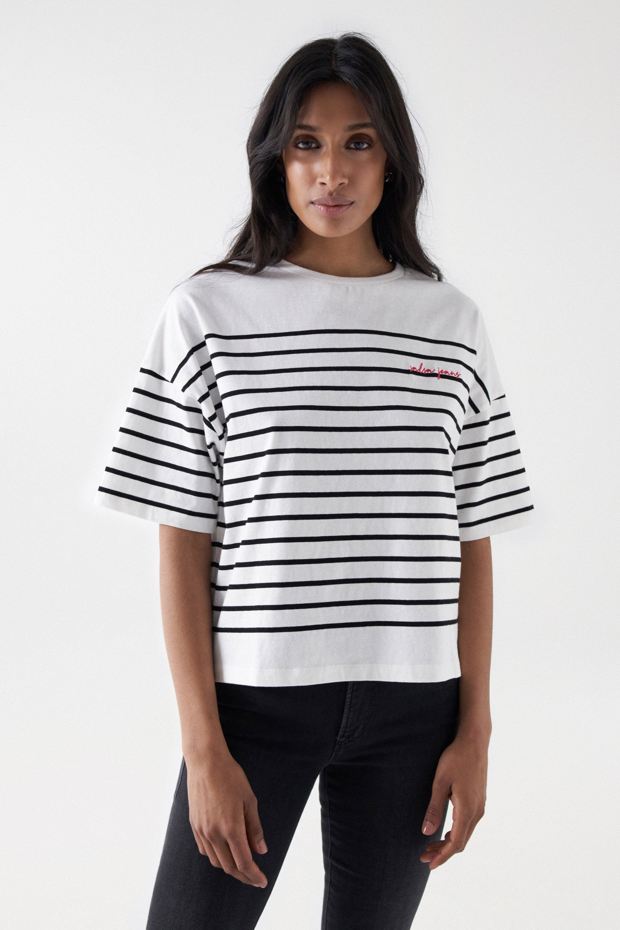 Striped Branding T-Shirt in Light Pearl T-Shirts Salsa Jeans   