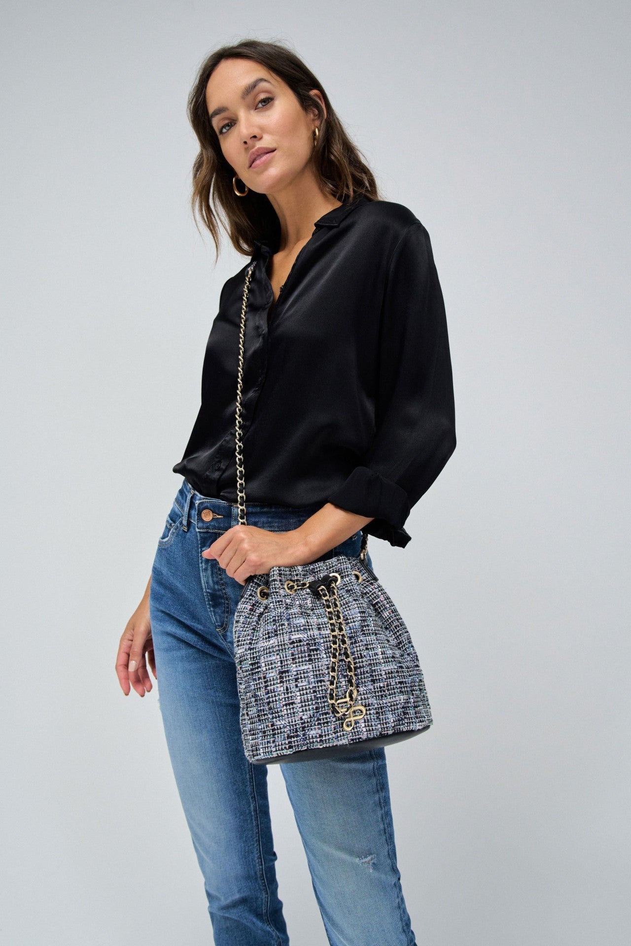 Tweed Bucket Bag in Dark Blue V2 Bags Salsa Jeans   