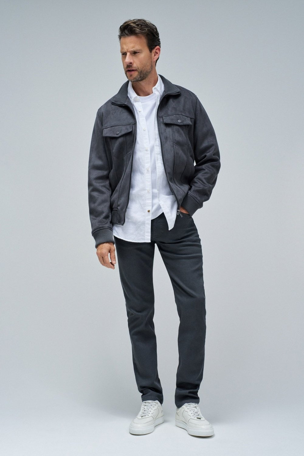 Suede Trucker Jacket in Dark Grey Jackets Salsa Jeans