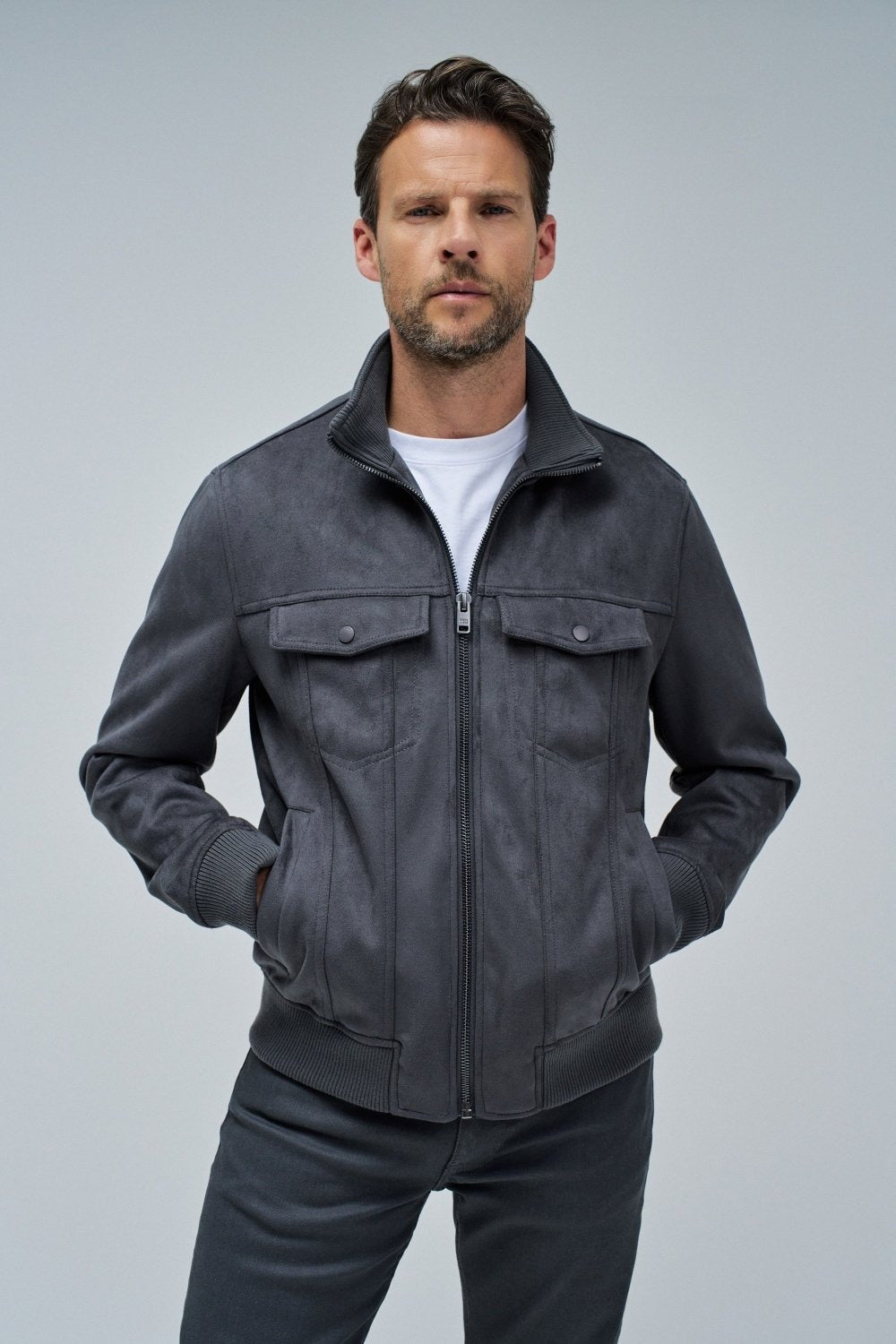 Suede Trucker Jacket in Dark Grey Jackets Salsa Jeans