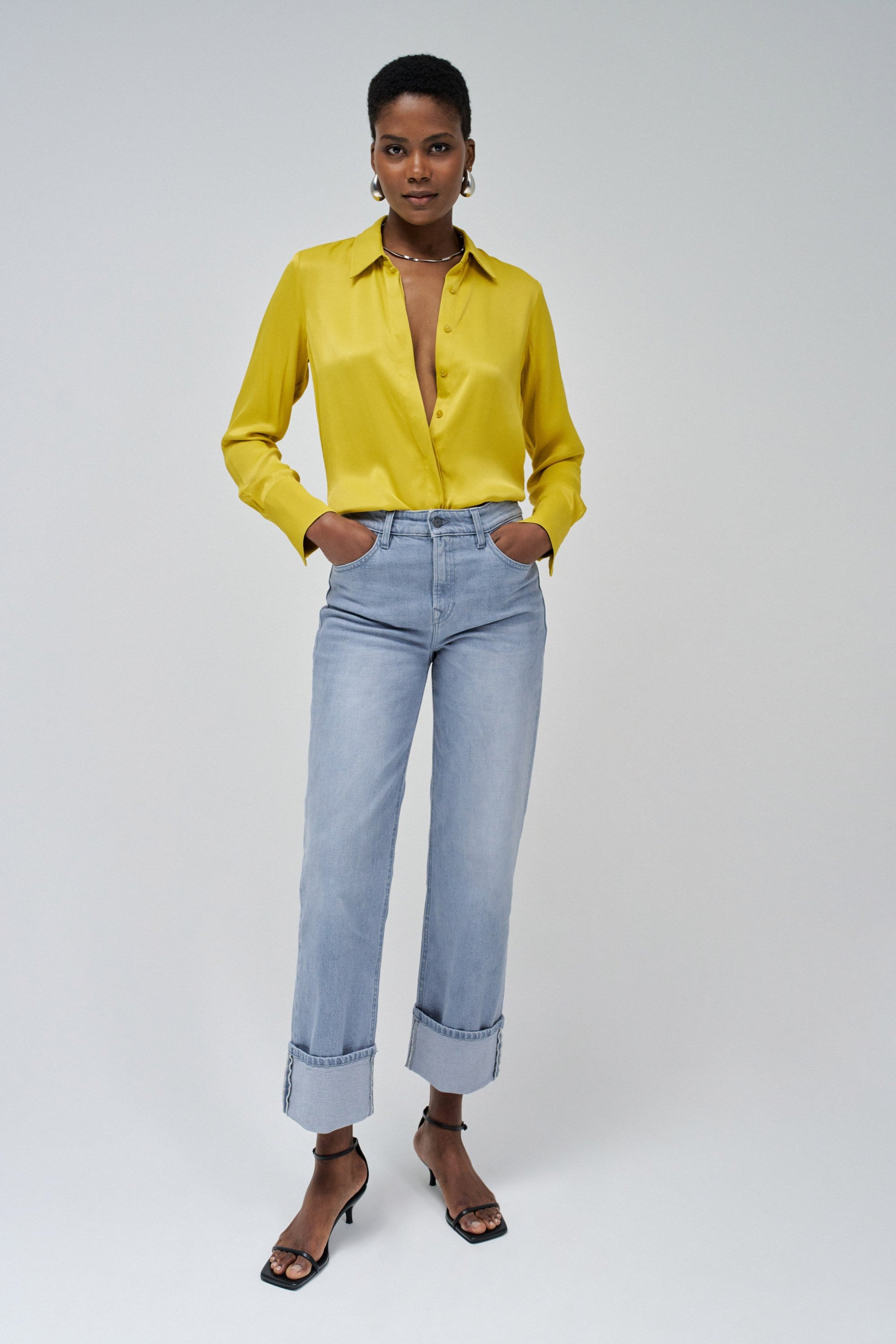 Satin Basic Shirt with Placket Detail in Light Yellow Shirts Salsa Jeans   