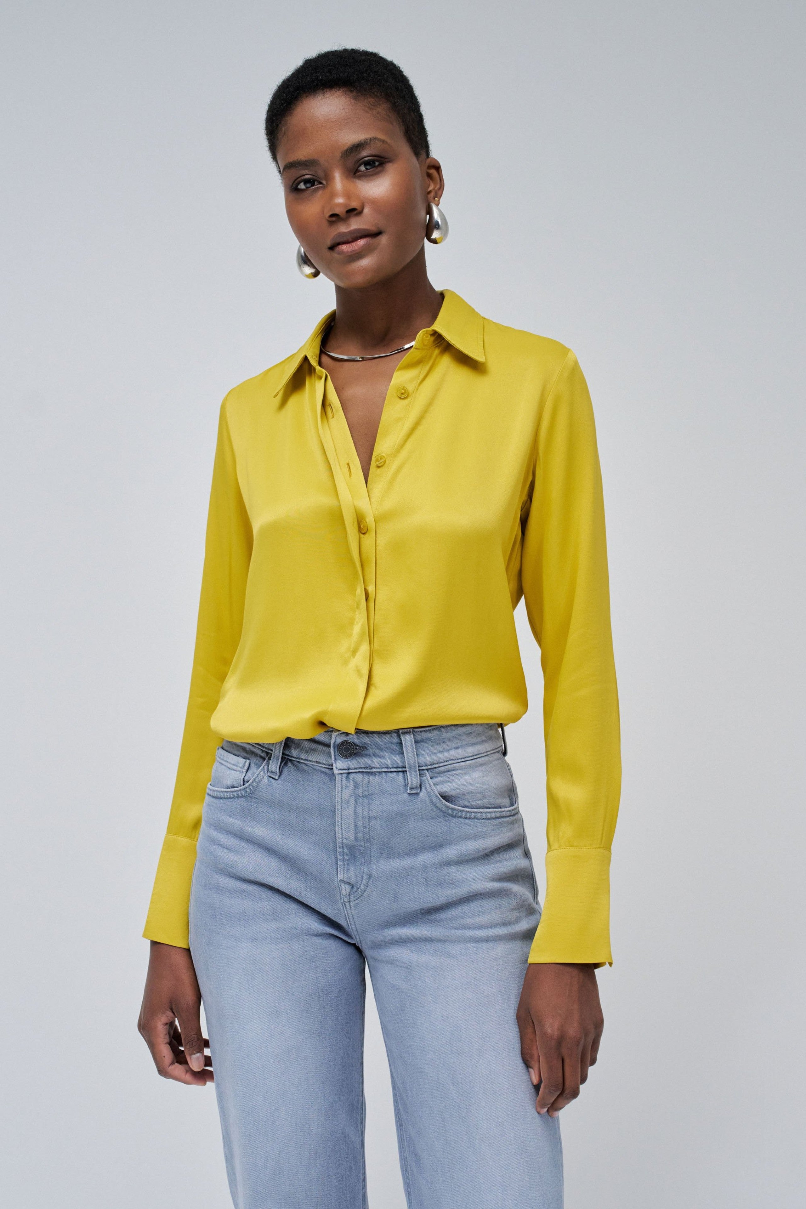 Satin Basic Shirt with Placket Detail in Light Yellow Shirts Salsa Jeans   