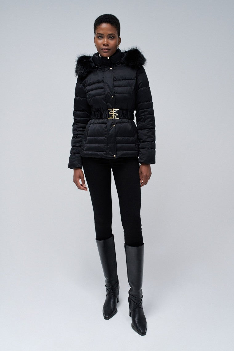 Short Puffer Coat With Fur Hood in Black Jackets Salsa Jeans   