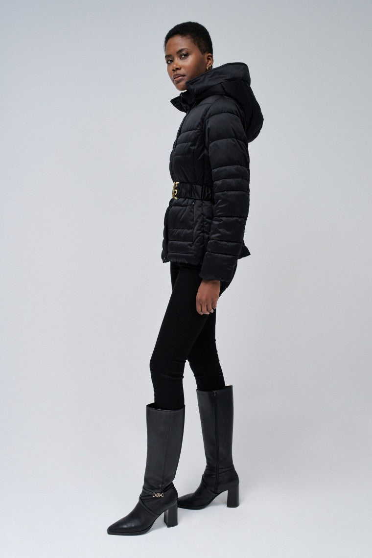 Short Puffer Coat With Fur Hood in Black Jackets Salsa Jeans   