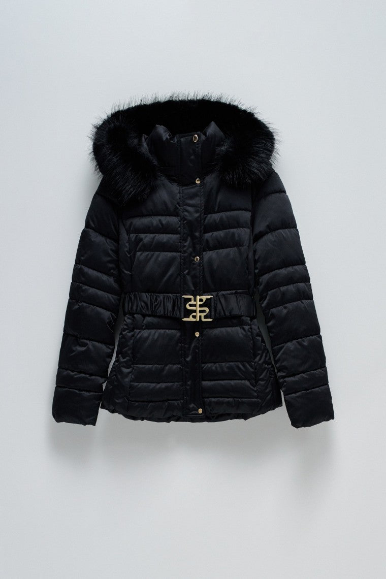 Short Puffer Coat With Fur Hood in Black Jackets Salsa Jeans   