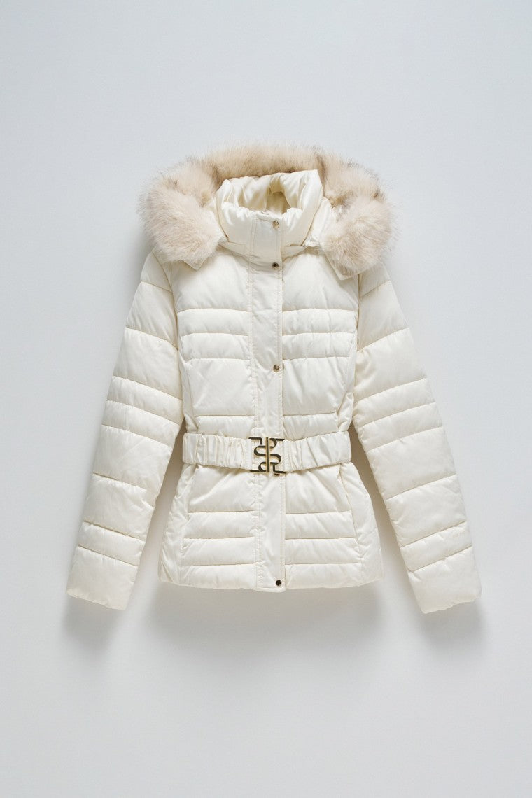 Short Puffer Coat With Fur Hood in Light Beige Jackets Salsa Jeans   