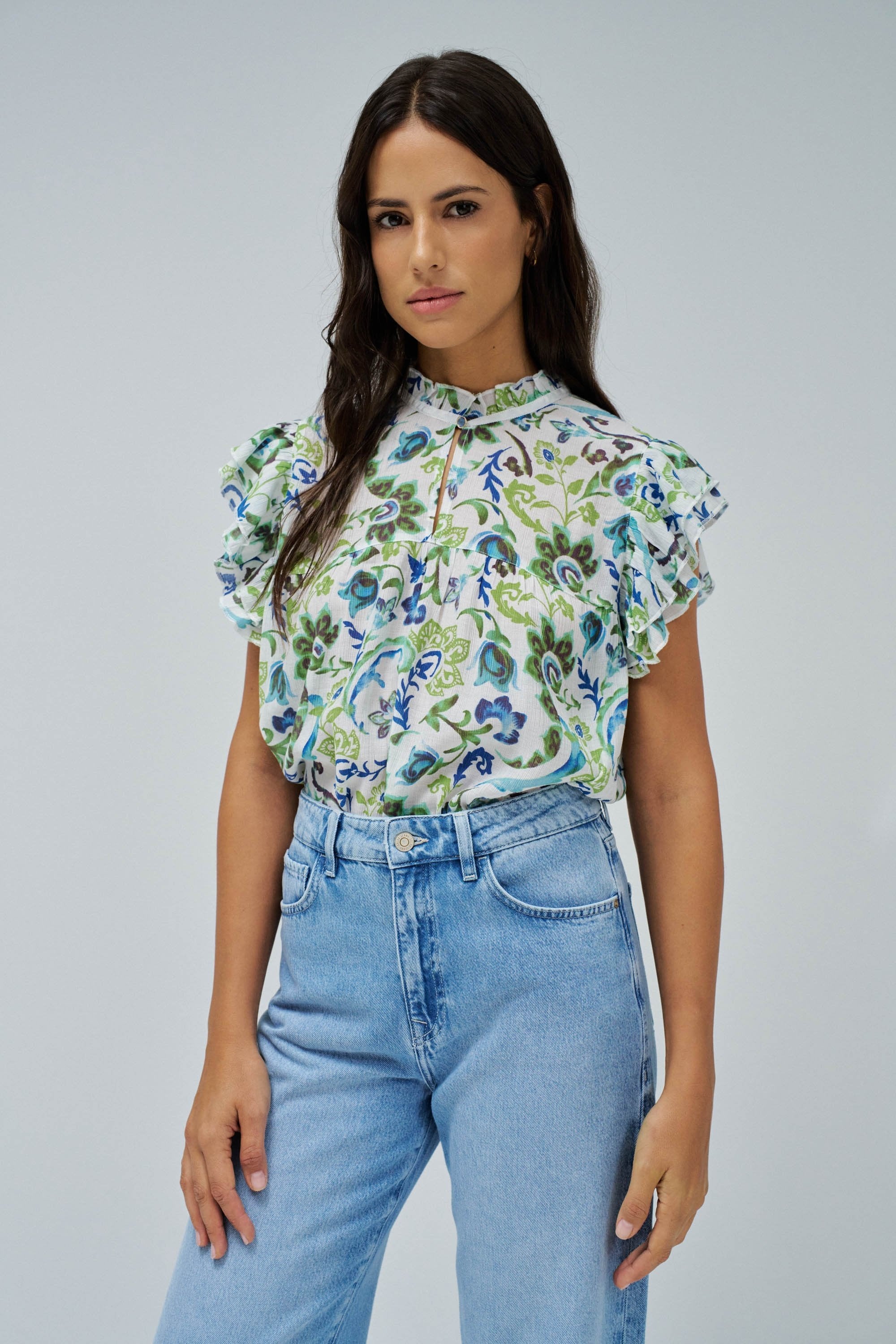 Ruffled Detail Print Blouse in Light Green Shirts Salsa Jeans