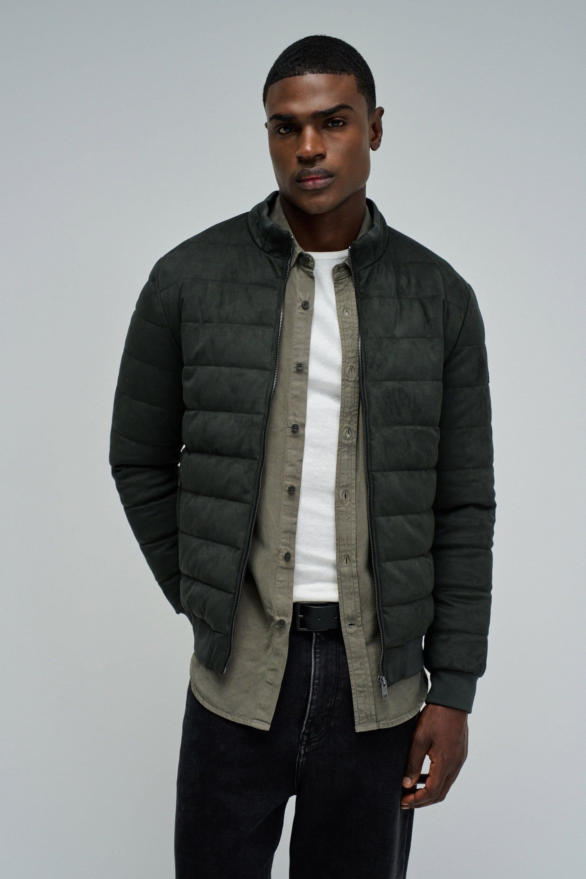 Suede Puffer Bomber Jacket in Dark Green Jackets Salsa Jeans
