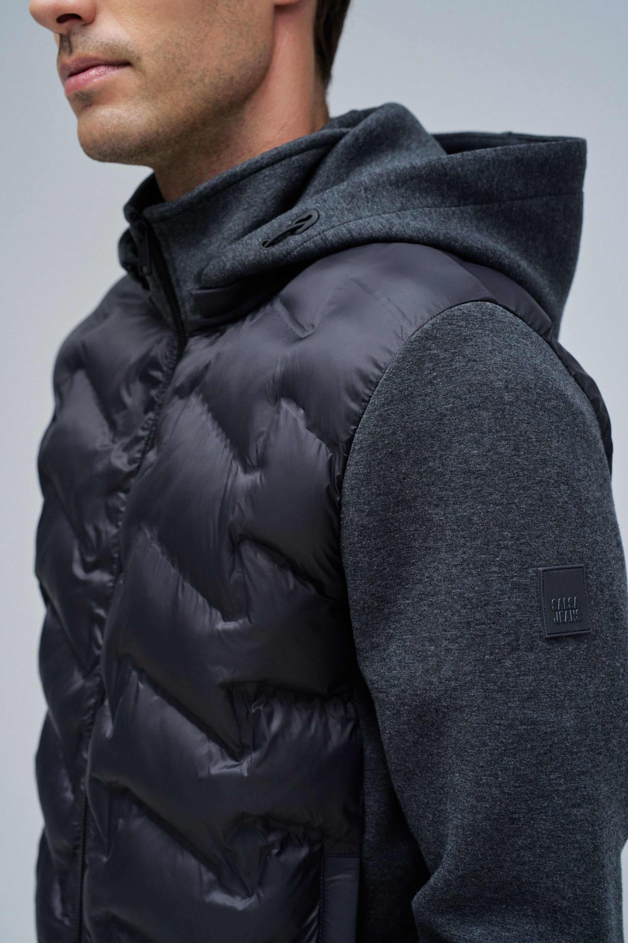 Zip-Thru Padded Jumper W/ Hoodie in Dark Grey