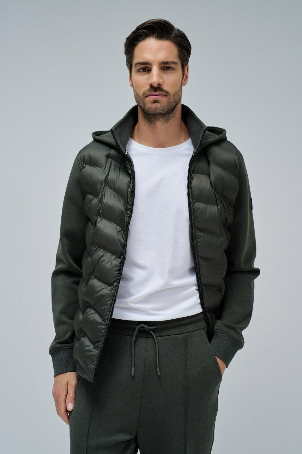Zip-Thru Padded Jumper Hoodie in Dark Green Jackets Salsa Jeans