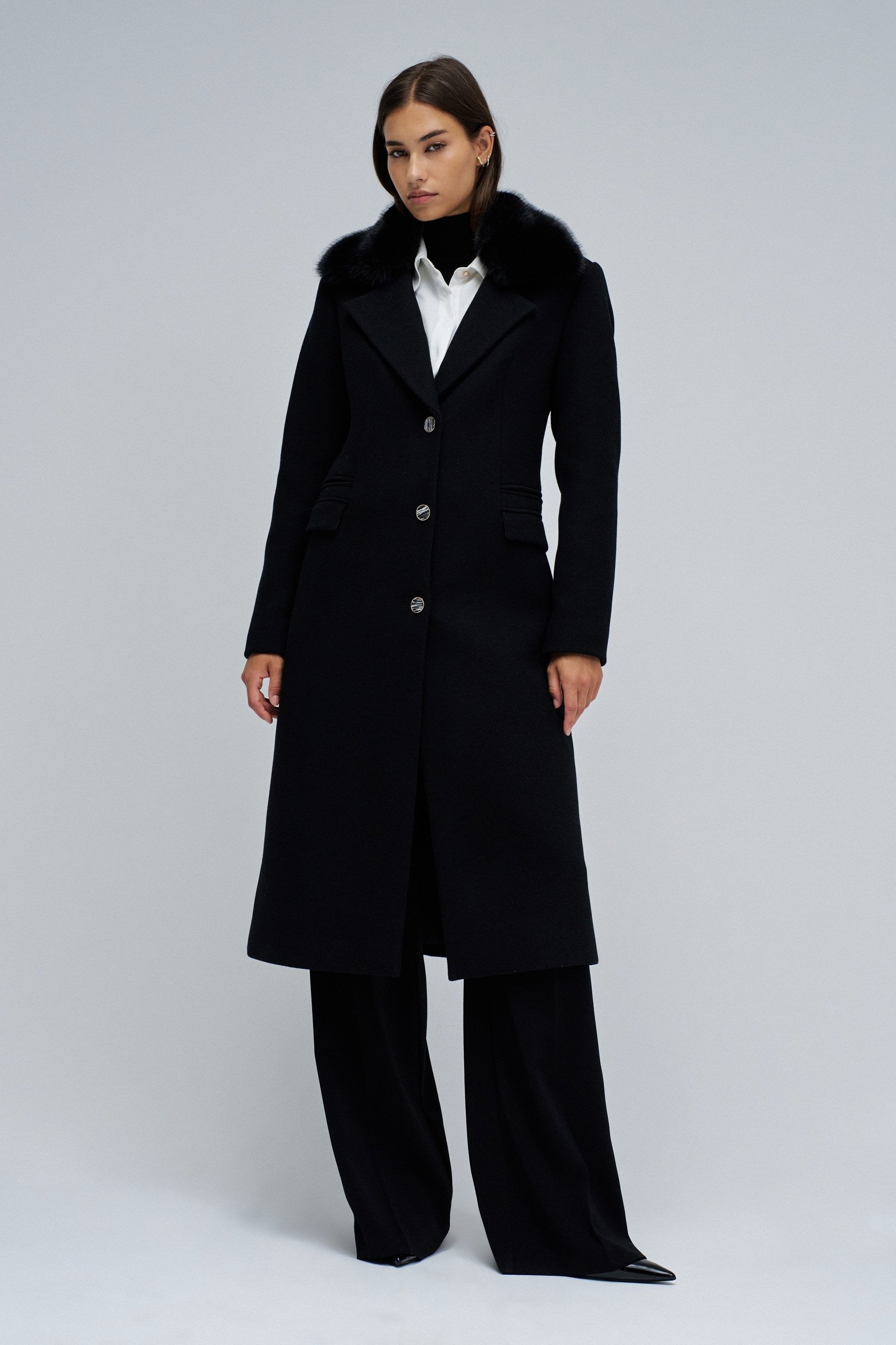 Wool Coat With Faux Fur Collar in Black Jackets Salsa Jeans