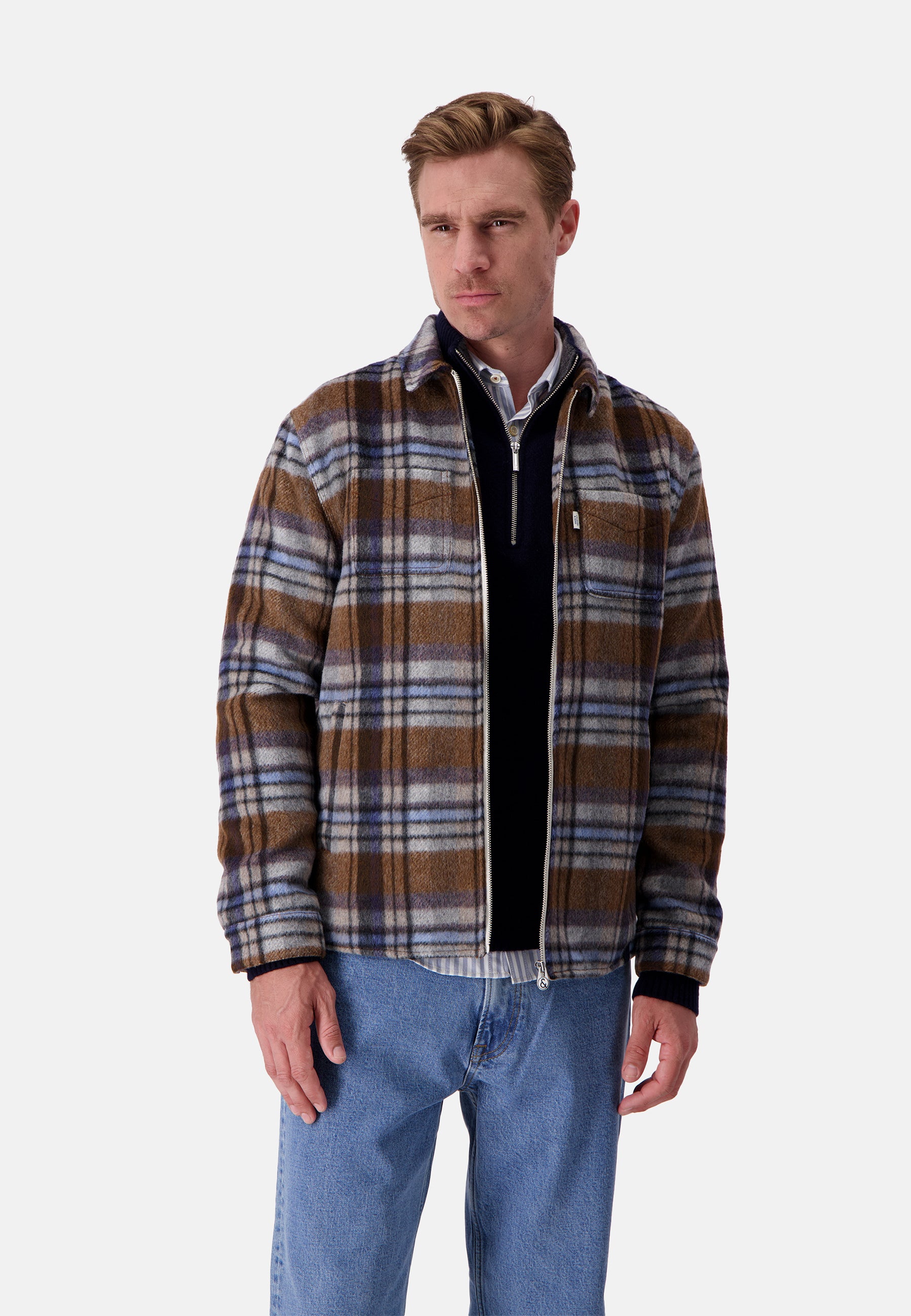 Worker Jacket Zipped in Tobacco Check Jackets Colours and Sons   