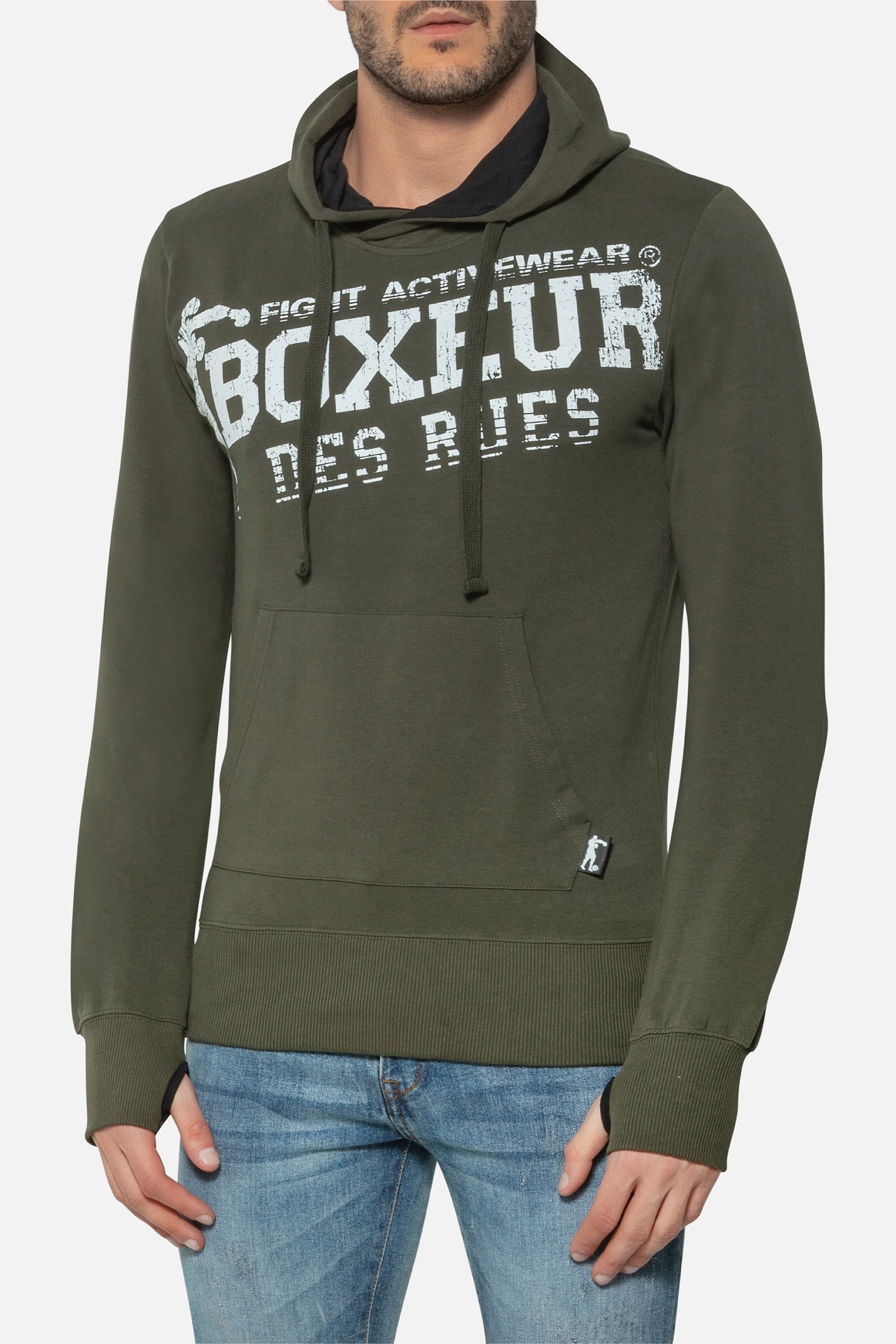 Hooded Sweatshirt with Thumb Openings in Army Hooded Sweatshirt Boxeur des Rues   