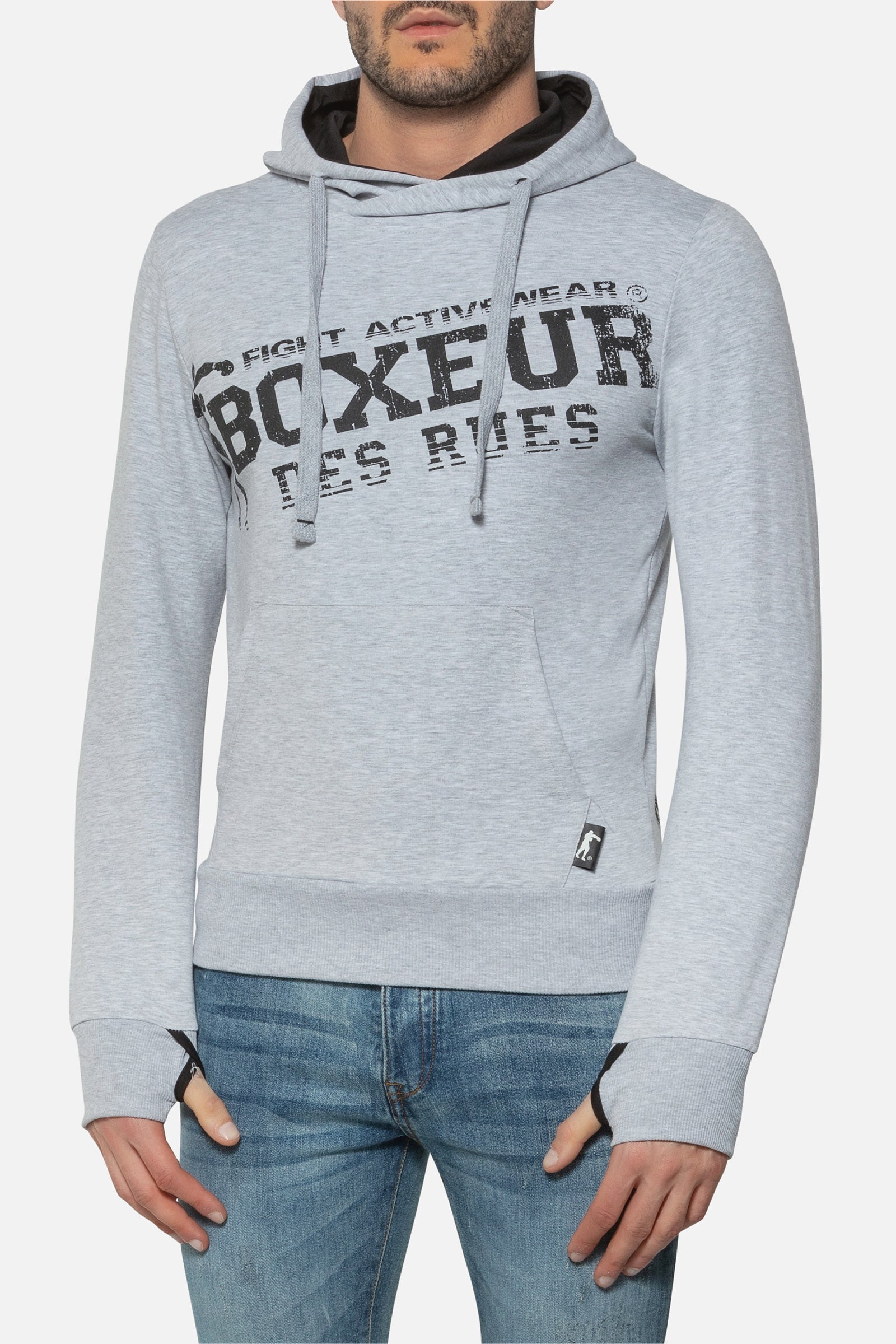 Hooded Sweatshirt with Thumb Openings in Greymel Hooded Sweatshirt Boxeur des Rues   