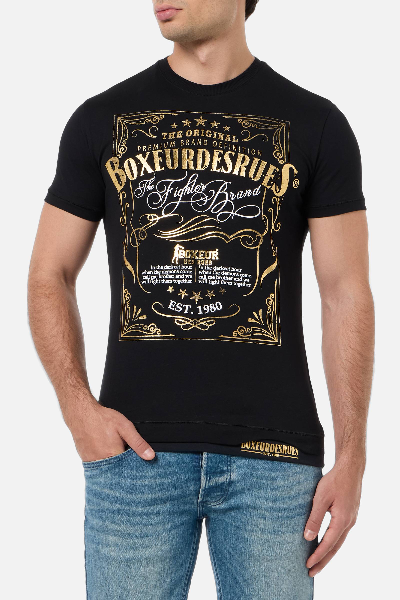 Printed Round Neck T-Shirt in Black-Gold T-Shirts Boxeur des Rues