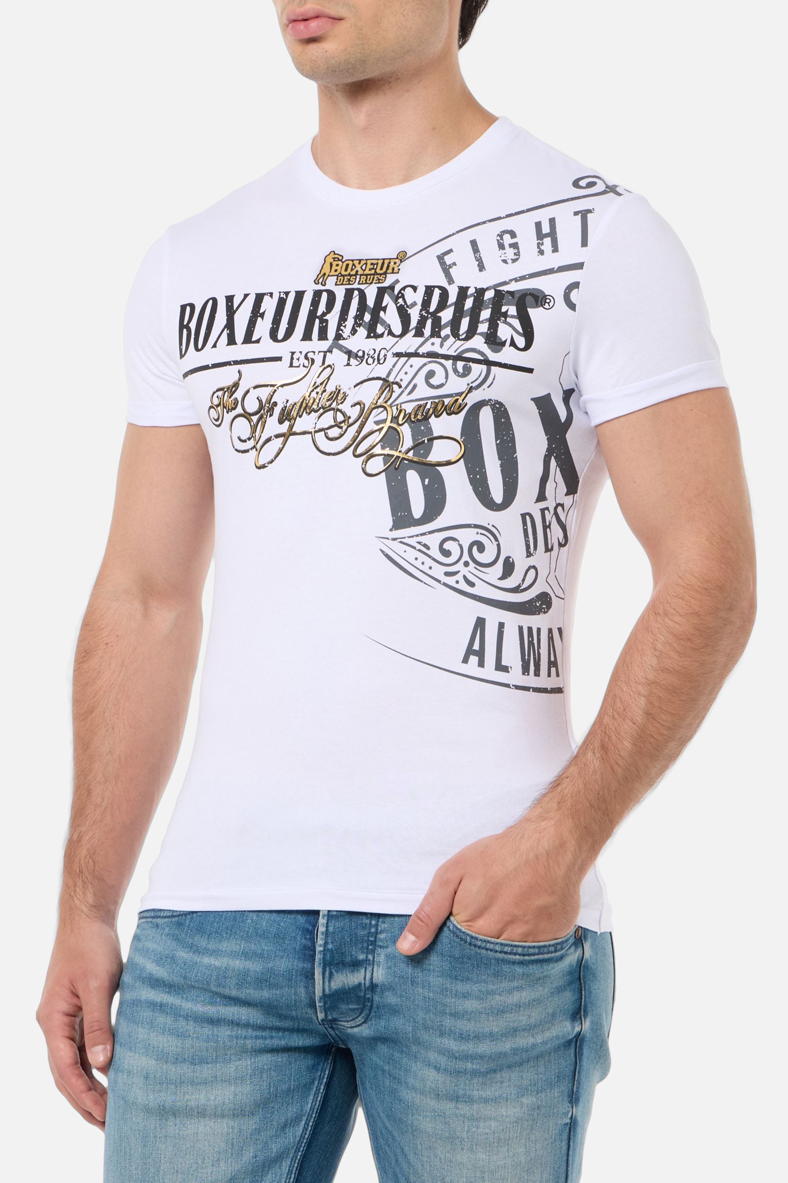 Printed Round Neck T-Shirt in White T-Shirts Boxeur des Rues