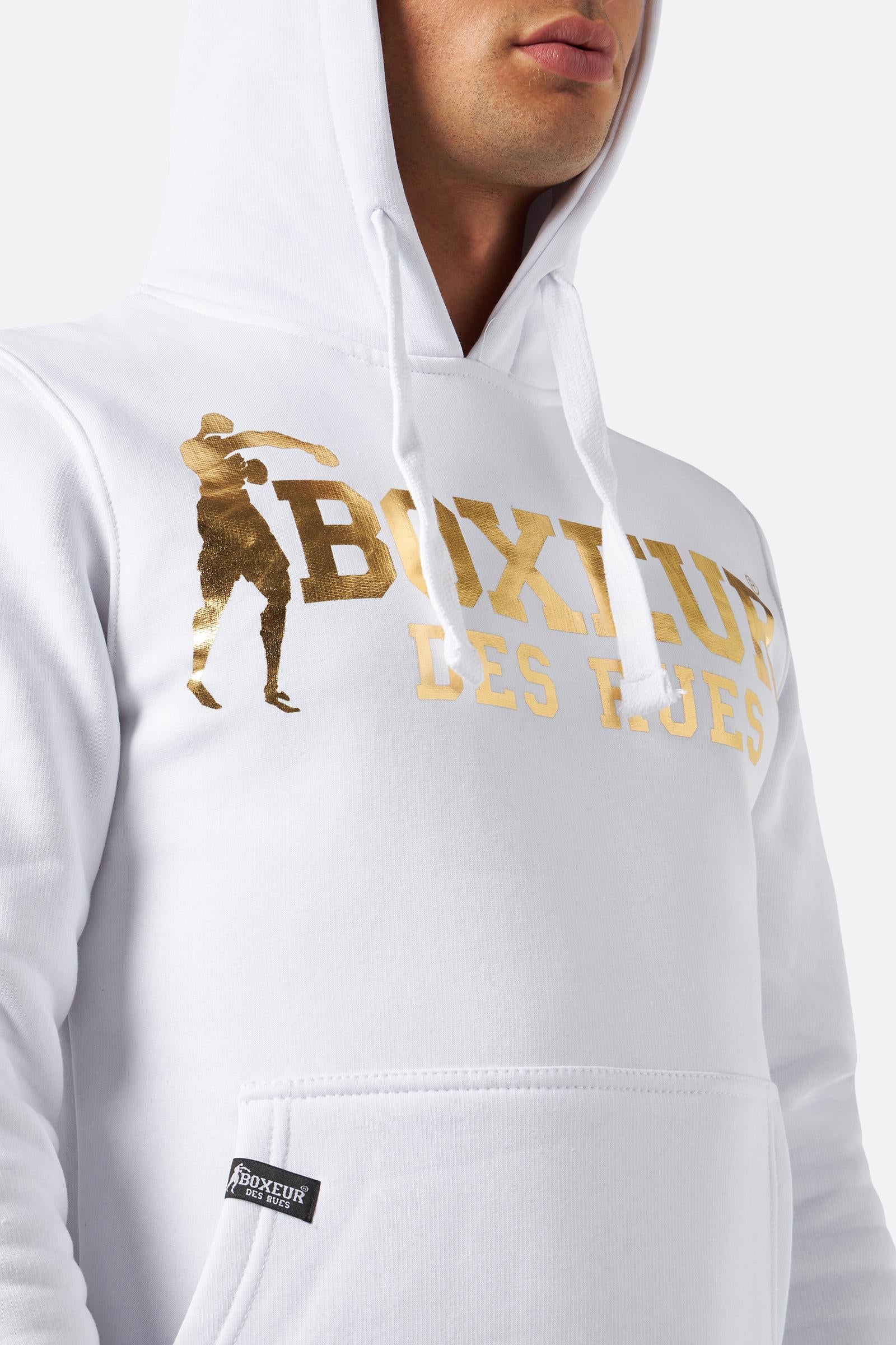 Man Hoodie Sweatshirt in White-Gold Hooded Sweatshirt Boxeur des Rues   