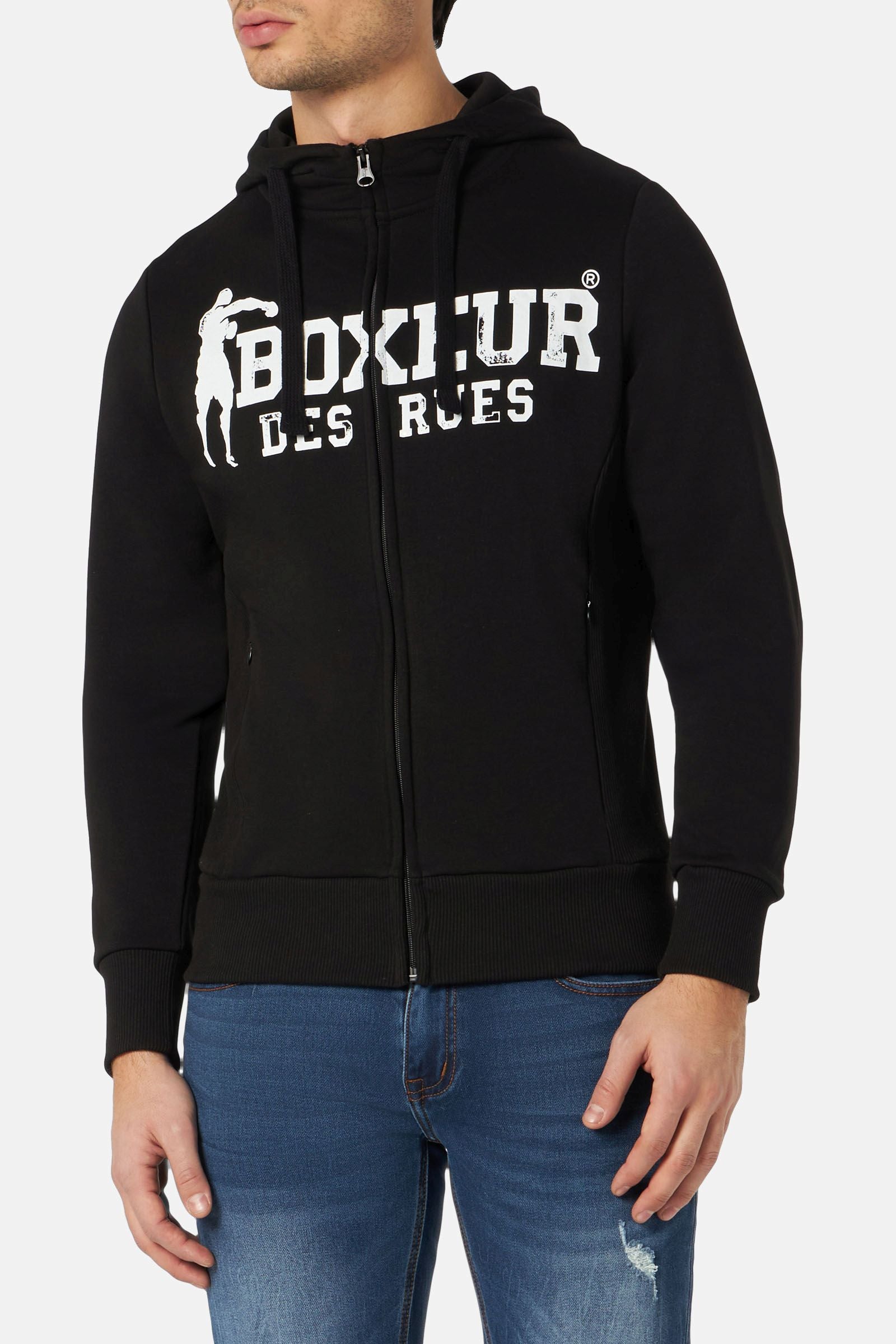 Hooded Full Zip Sweatshirt in Black-White Sweat Jackets Boxeur des Rues   