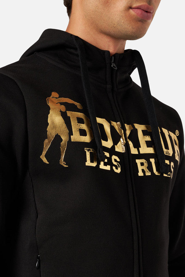 Hooded Full Zip Sweatshirt in Black-Gold Sweat Jackets Boxeur des Rues   