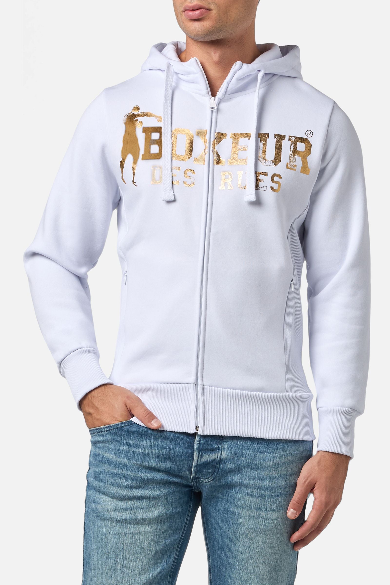Hooded Full Zip Sweatshirt in White-Gold Sweat Jackets Boxeur des Rues