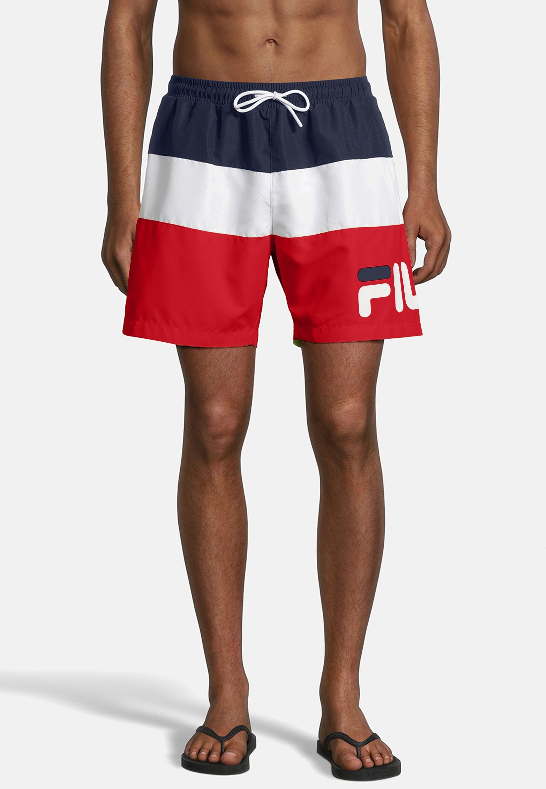 Zimbabwe Blocked Beach Shorts in Black Iris Bright White True Red Swimming Trunks Fila   