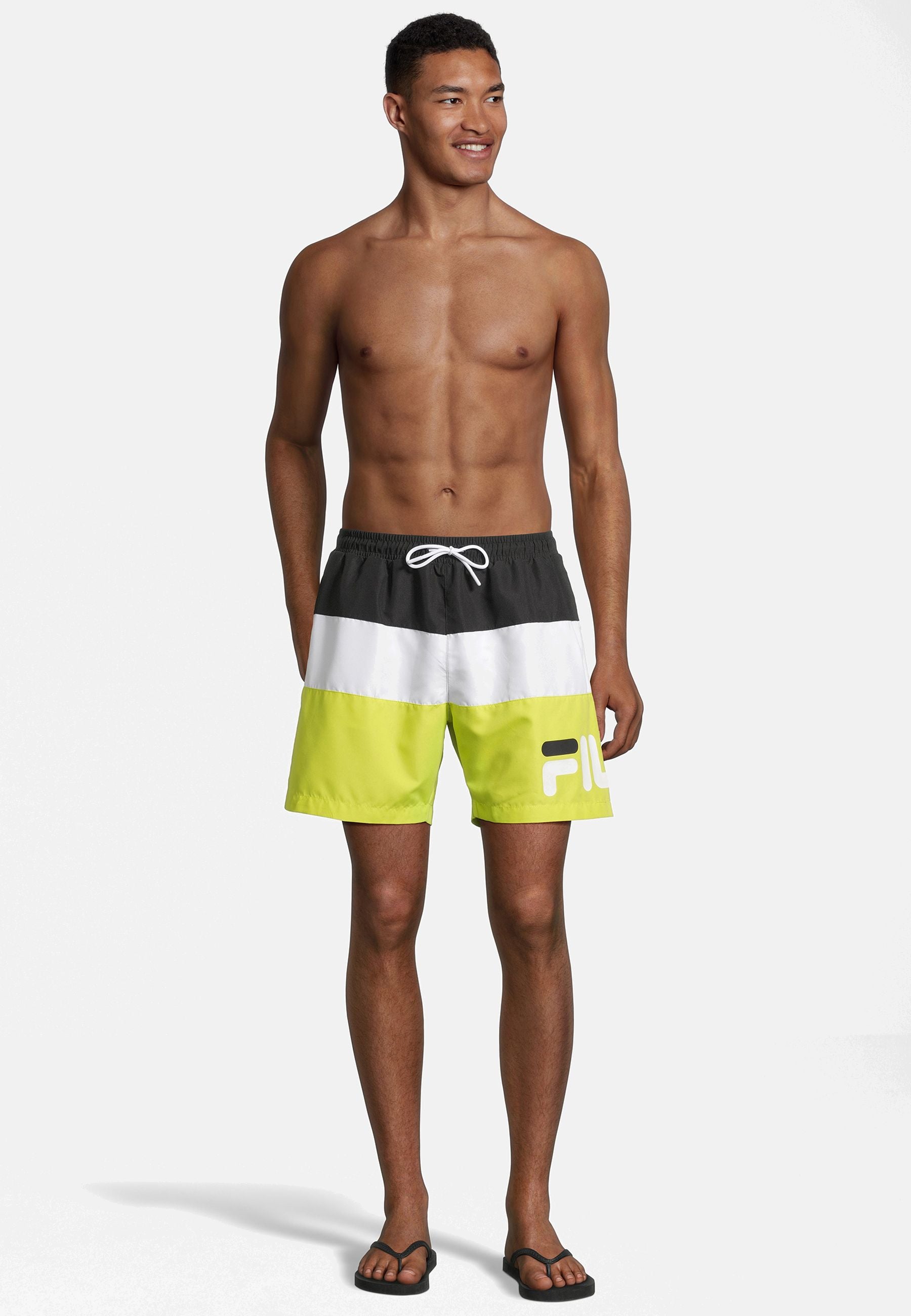 Zimbabwe Blocked Beach Shorts in Black Bright White Evening Primrose Swimming Trunks Fila   