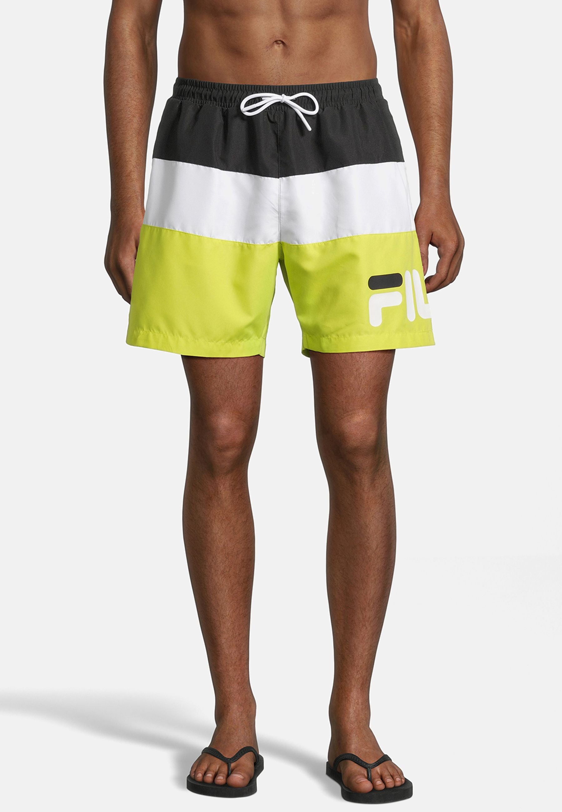 Zimbabwe Blocked Beach Shorts in Black Bright White Evening Primrose Swimming Trunks Fila   