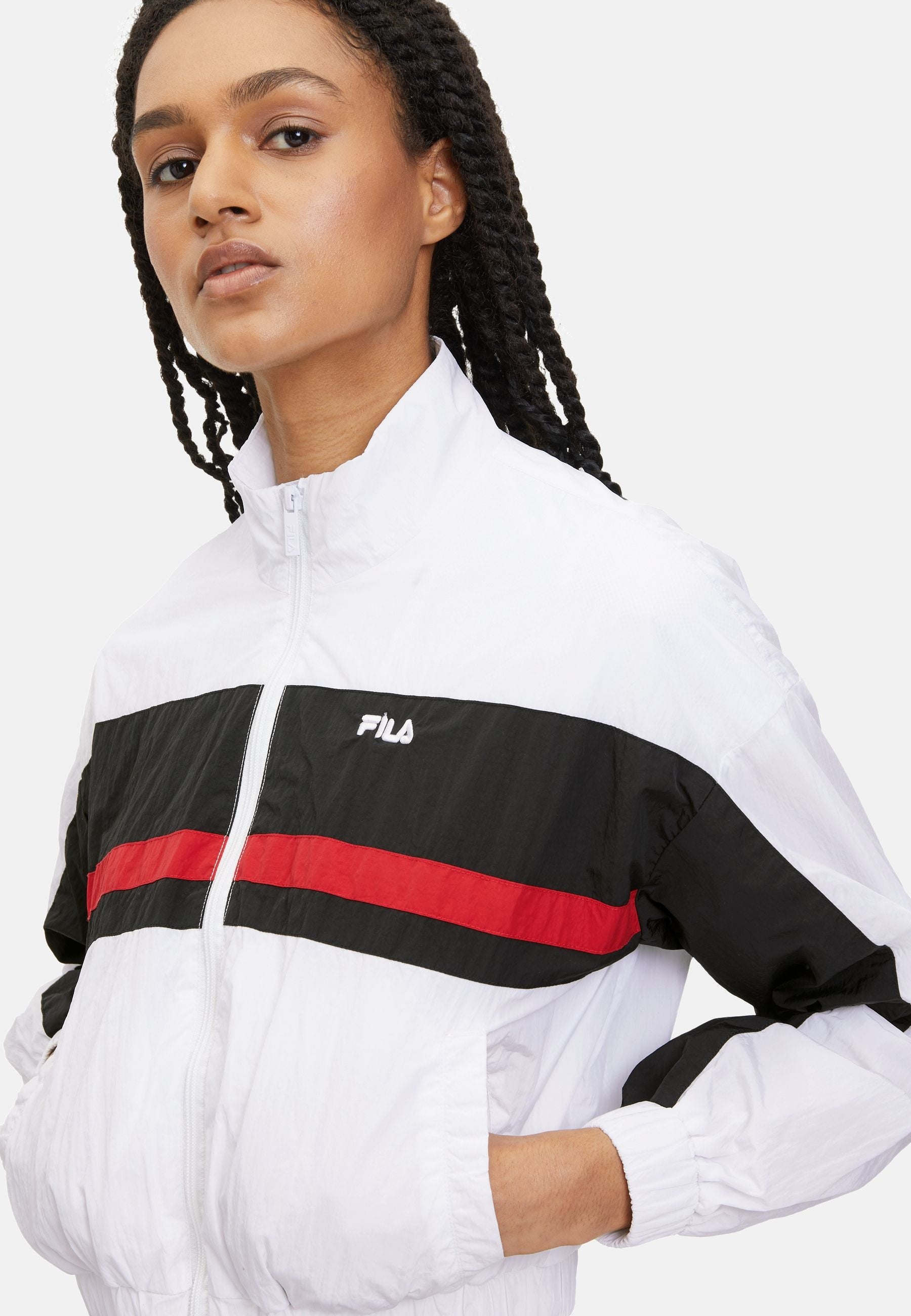 Lubu Cropped Track Jacket in Bright White Black Jackets Fila   