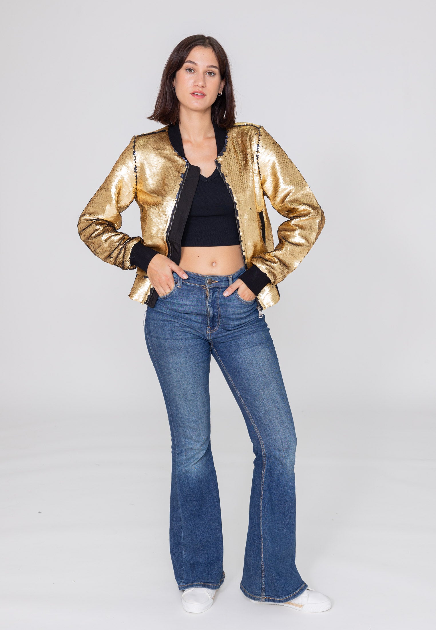 Gold glitter bomber jacket best sale