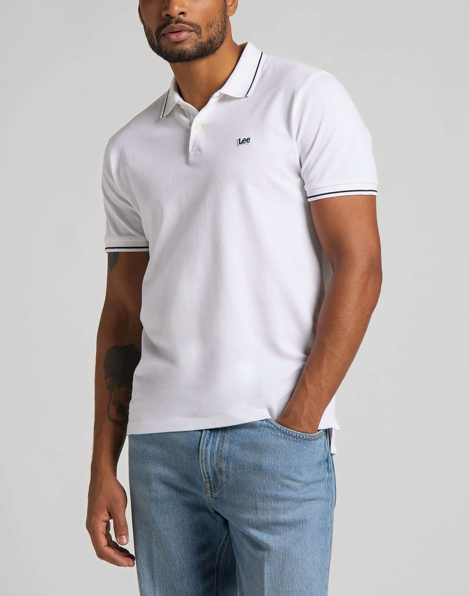 Pique Polo in Bright White Polos Lee   