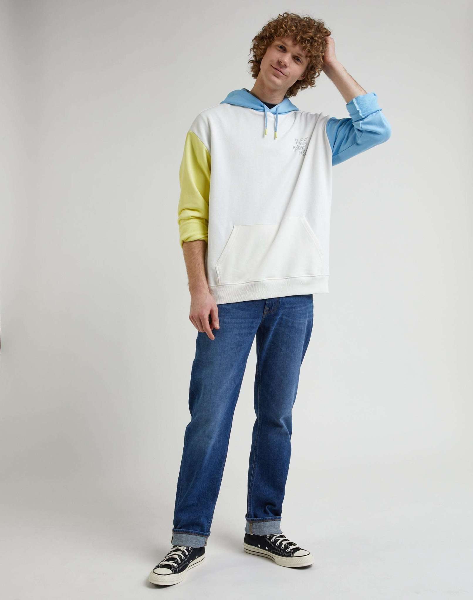 Loose Color Block Hoodie in Ecru Hooded Sweater Lee   