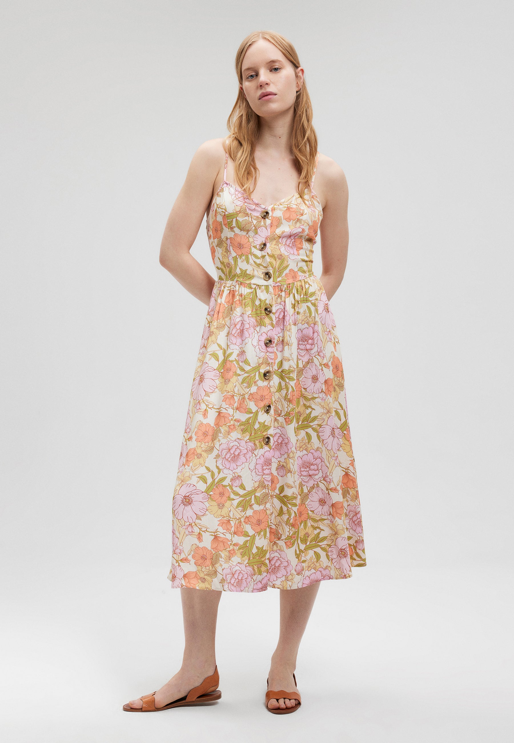 Button Up Dress in Pink Rose Print Dresses Mavi   